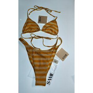SAME Los Angeles Striped Triangle Bikini Set Yellow Cream Size M New